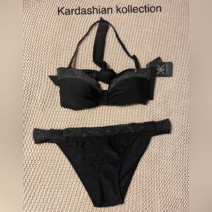 Black on black rhinestones 2 piece bikini set